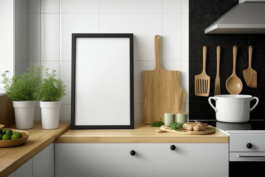mock up poster frame in a Scandinavian style kitchen. ,. Generative AI