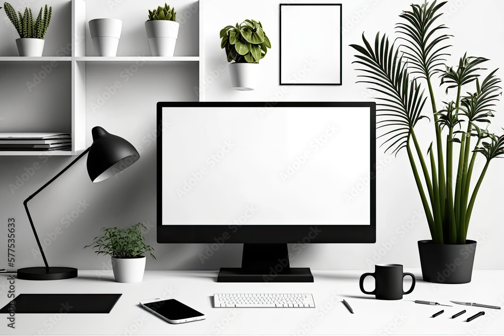 Poster modern contemporary workplace design with white screen desktop computer mockup for display your grap
