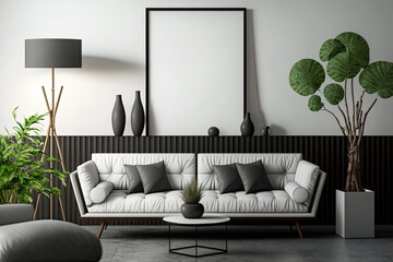 Stylish composition of modern living room interior. Mock up poster frame, modern sofa, folding screen and creative personal accessories. Eucalyptus wall. Home staging. Template. Copy space. Generative