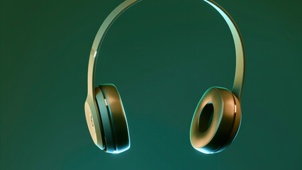 Gray and green background. Design.The concept of new gadgets.Wireless headphones rotate around themselves in animation.