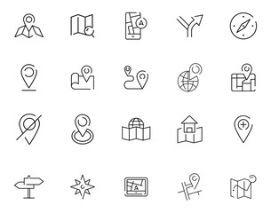 Location icon set. Containing map, map pin, gps, destination, directions, distance, place, navigation and address icons. Solid icons vector collection. Lines with editable stroke
