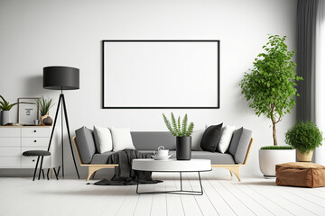 Scandinavian living room with blank banner on wall and accessories. Stylish and home interior concept. Generative AI