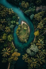 Obraz na płótnie Canvas A drone photo captures the lush greenery of the jungle, with a winding river cutting through the dense foliage. The tranquil water offers a glimpse of serenity amidst the wild surroundings.