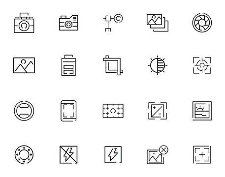 Photo and video icon set. Icons of photography, image, photo gallery, video camera and photo camera. Diaphragm icon. image, photo gallery Vector illustration, Lines with editable stroke