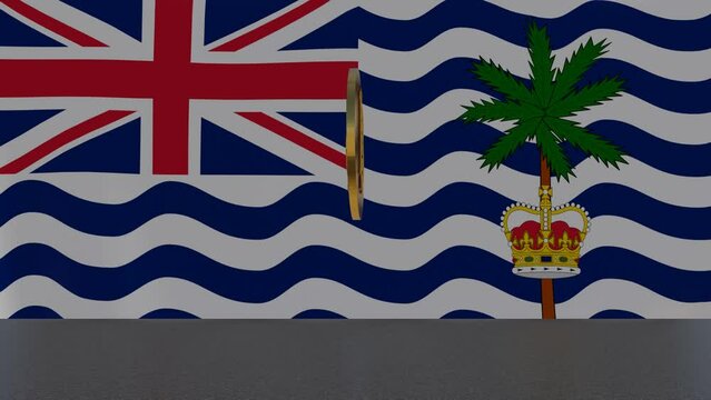 Bitcoin bouncing and spinning in front of Flag of The Commissioner of The British Indian Ocean Territory