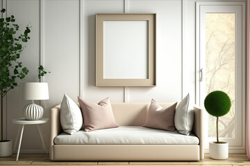 Picture frame mockup on the wall cozy style, living room interior and furniture beige color. Generative AI