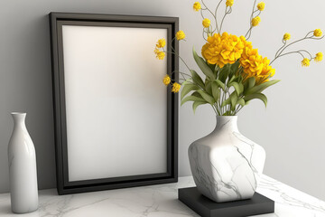 Portrait black frame mockup on wood furniture with white calacatta quartz marble top. Modern glass vase with yellow flowers. White wall background. Illustration. Generative AI