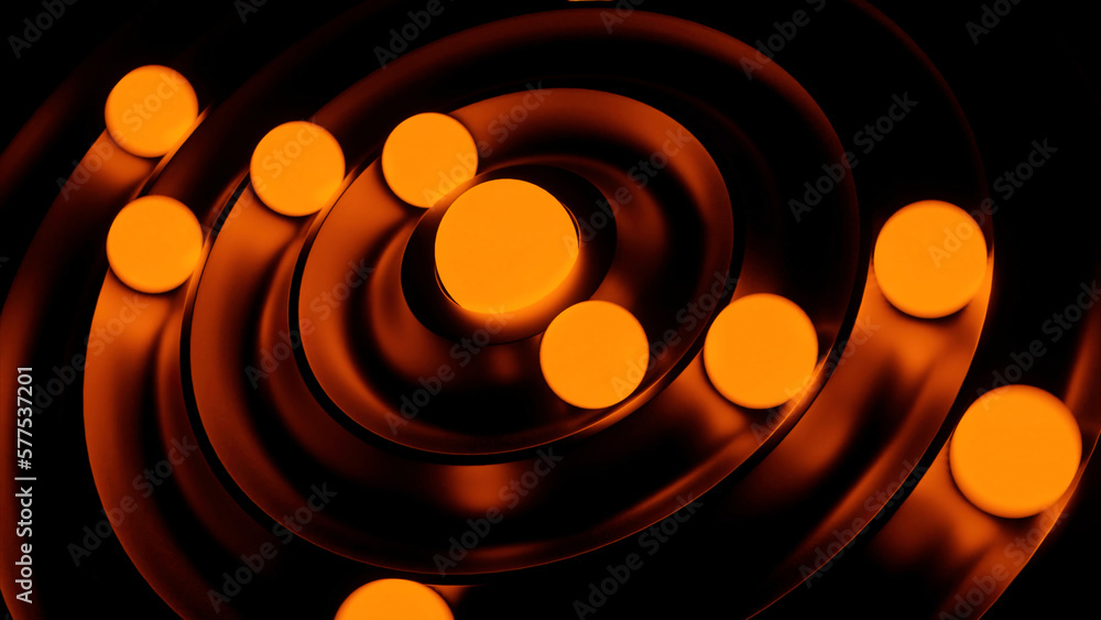 Poster Green and orange background with a maze of balls. Design. Bright balls rolling in different directions that rotate made in 3D format.