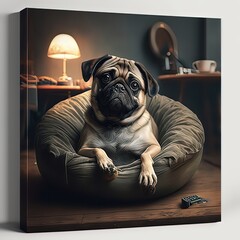 A picture of a pug that lies on a pillow against the background of the room. Man's friend, cute animals, pet, high resolution, art, generative artificial intelligence