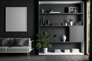 Empty white canvas in dark grey living room interior with stylish shelving unit. Concept of modern house design. Mock up. Generative AI