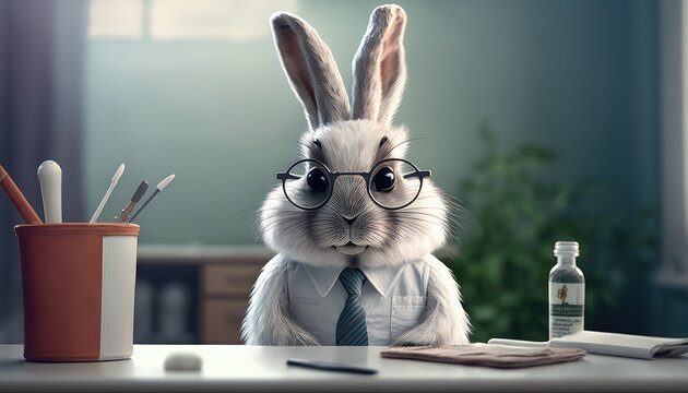 Ein wei&szlig;er Hase als Doktor mit Arztkittel, Krawatte und Brille am Schreibtisch sitzend. 