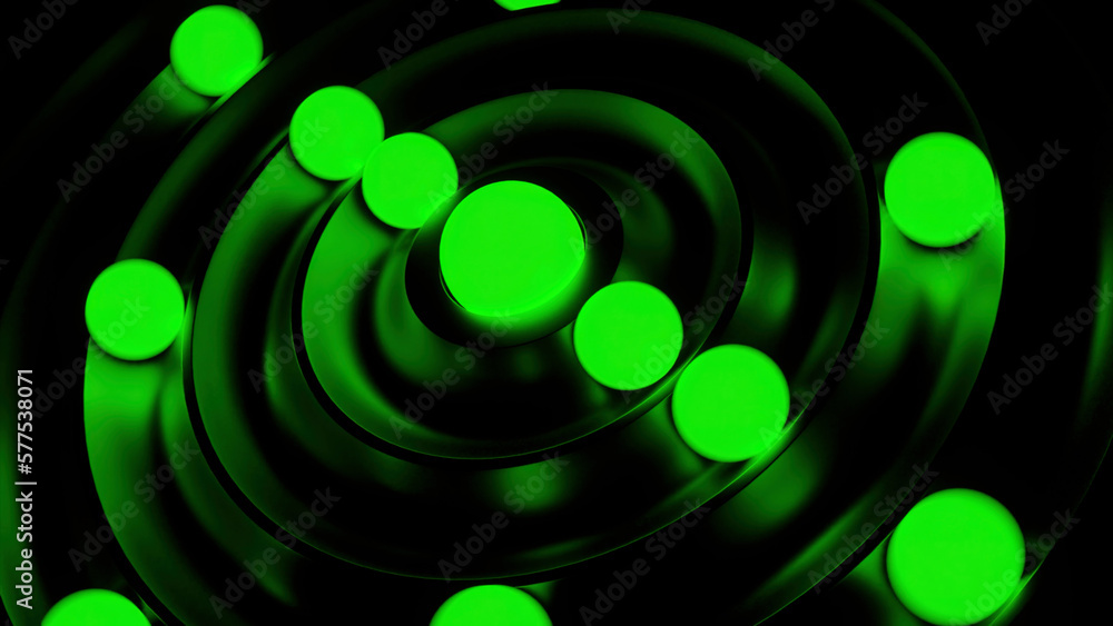Poster Green and orange background with a maze of balls. Design. Bright balls rolling in different directions that rotate made in 3D format.