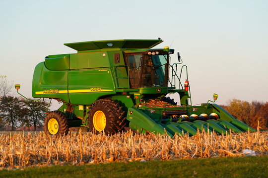 John deere x9 1000 combine harvester sits on farmland during the Autumn season. 