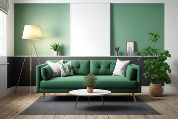 Mock up bright living room with a sofa in a modern style and a stylish hipster backdrop, . Generative AI