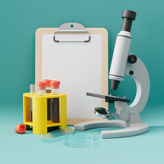 Laboratory equipment. Microscope, clipboard, blood tubes and petri glass 3D illustration on a colored background. 
