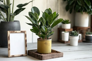 Potted ZZ Dowon Plants, also known as Zamioculcas Zamifolia, are displayed above a rustic table with a white wooden background and a blank wood farmhouse sign or photo frame. There is no text here