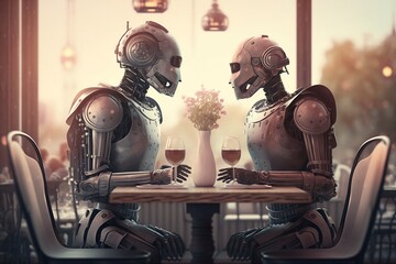 Couple of lovers humanoid robots on a romantic date, generative, AI
