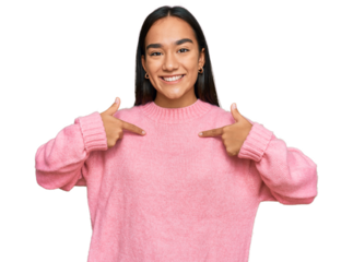 Young asian woman wearing casual winter sweater looking confident with smile on face, pointing oneself with fingers proud and happy.