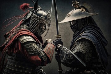 Duel of two shoguns on a gray background. Swordsmen, middle ages, fantasy, full set of samurai armor, high resolution, illustrations, art. AI