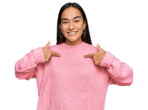 Young asian woman wearing casual winter sweater looking confident with smile on face, pointing oneself with fingers proud and happy.