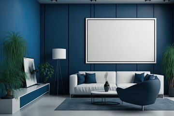 Interior of a luxurious blue living room with furnishings and a blank, white mock up poster. a mockup. Generative AI