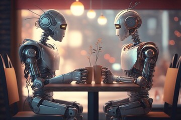 Humanoid robot lovers on a romantic date, generative, AI