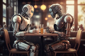 Two humanoid robot lovers on a romantic date, generative, AI