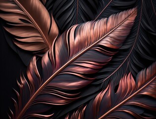 Flat lay bird feathers rose gold sequins and rhinestones black wood texture holographic high detail top view created with Generative AI technology
