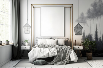 a poster mockup in a Nordic style bedroom with a bohemian wall backdrop. Generative AI