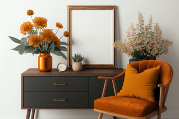 Stylish room of home interior with brown mock up frame with vintage accessories, retro camera, orange chair and flowers in vase. Cozy home decor. Minimalistic concept. Retro composition of cupboard