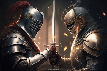 Duel of knights on the background of the forest. Full set of knightly armor, swordsmen, middle ages, fantasy, high resolution, illustrations, art. AI - obrazy, fototapety, plakaty