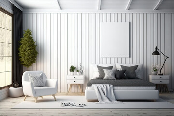 Light bedroom interior mockup, bed and chair on empty wood wall background, Scandinavian style,. Generative AI