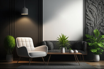 Interior with wall panel, armchair backlight and decor. illustration mockup. Generative AI