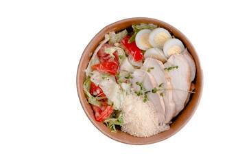 Salad with chicken quail eggs parmesan
 microgreens tomato for online restaurant menu on white background 1
