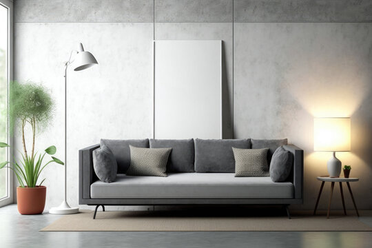 Modern concrete living room interior with empty billboard on wall, sofa and floor lamp. Comfort, relax concept. Mock up,. Generative AI
