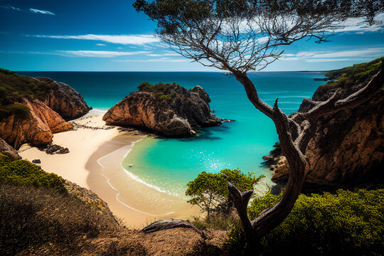 Baia do Sancho. Sancho Beach (Praia do Sancho) in Fernando de Noronha Island Brazil. Exotic beach on islands. Rocky shore in ocean. Rock Pools sea. Coast Scenic Mountains. AI Generative Illustration.
