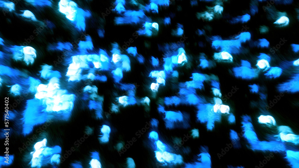 Poster dark background with green blue squares without focus. motion. light particles moving in different d