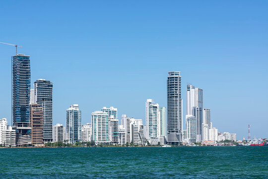 Panoramic view of a tourist and residential area facing the sea in Cartagena, Colombia.