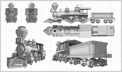 Vintage train. American steam locomotive. Locomotive in three projections. Perspective drawing. Blueprint.