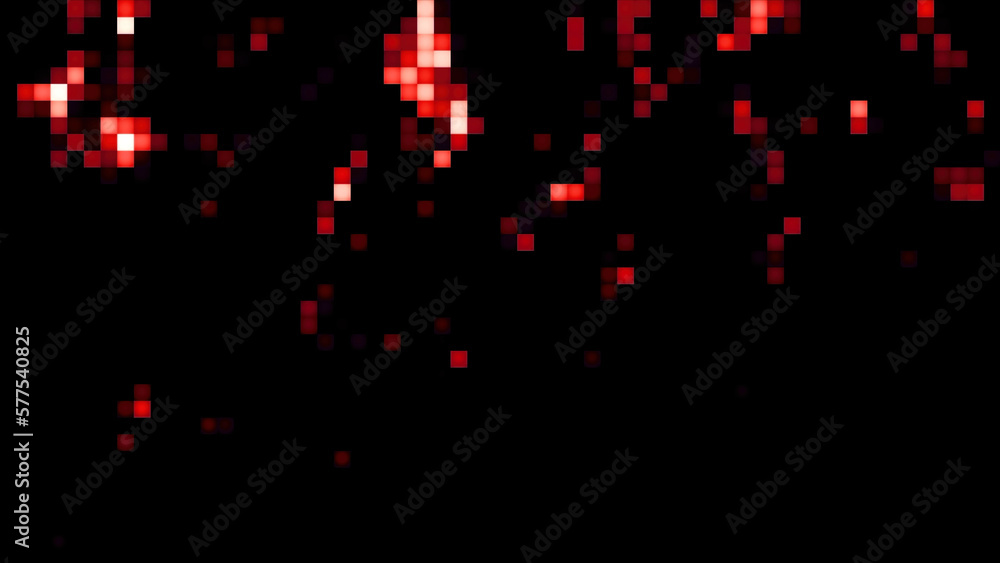 Poster gray and red background. motion. bright squares in pixels on a black background moving in different 