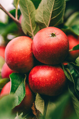 Red apples on tree ready to be harvested. Ripe red apple fruits in apple orchard. Selective focus.