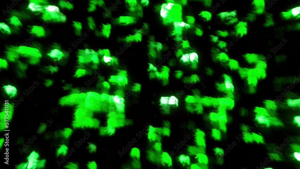 Poster dark background with green blue squares without focus. motion. light particles moving in different d