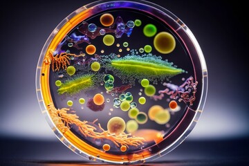 Petri dish with abstract bacteria and viruses, generative, AI