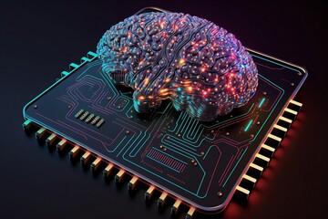 Cybernetic brain artificial intelligence on a microchip circuit board, gradient, generative, AI