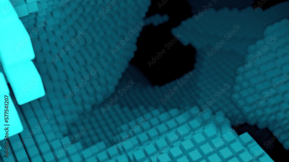 Poster 3d space with cubic shapes and steps. design. 3d shapes and abstract hills in cyberspace. projection