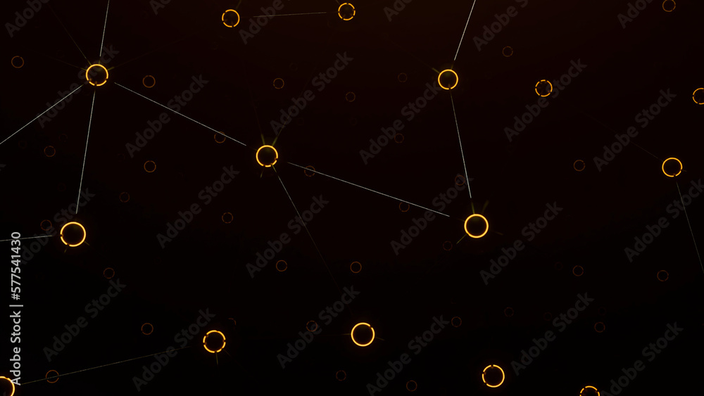 Poster green and orange dark background. design.connected highlighting circles in abstraction that fly in d