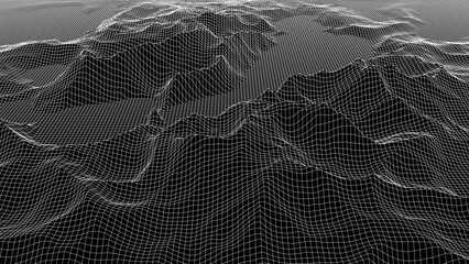 Futuristic digital black neon grid landscape background. Abstract retro mountains backdrop. Big data visualization. For website and banner design. Vector illustration.