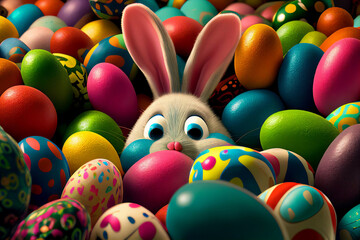 Easter bunny hiding in pile of many colorful easter eggs. Generative AI. - 577541687