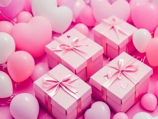 Greeting card with pink gift boxes, women's day, holiday card for March 8, mother's day, generative ai