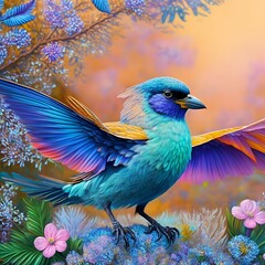 colorful bird on a background of plants, Generative AI